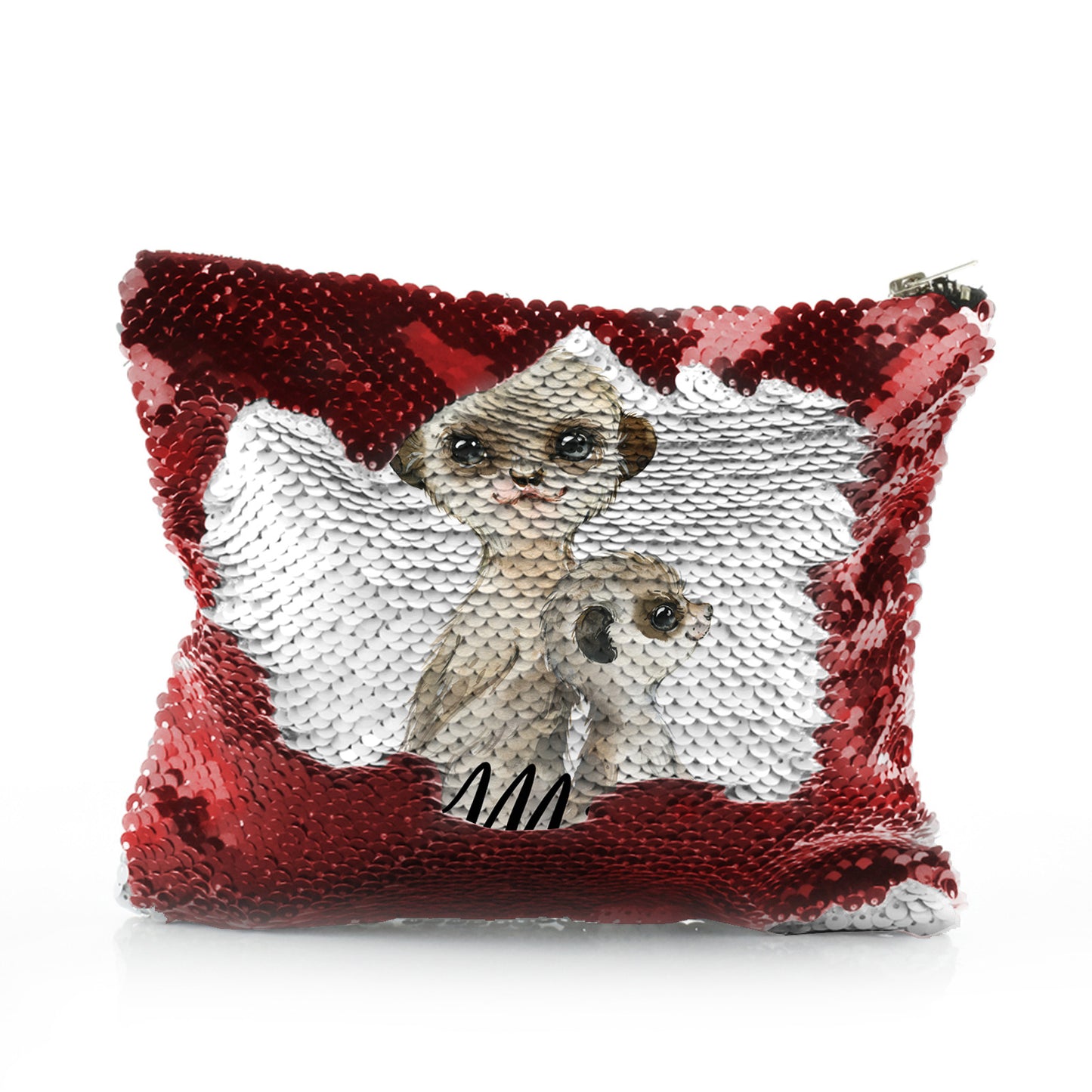 Personalised Sequin Zip Bag with Meerkat Baby and Adult and Cute Text