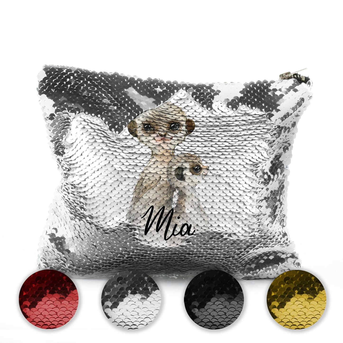 Personalised Sequin Zip Bag with Meerkat Baby and Adult and Cute Text