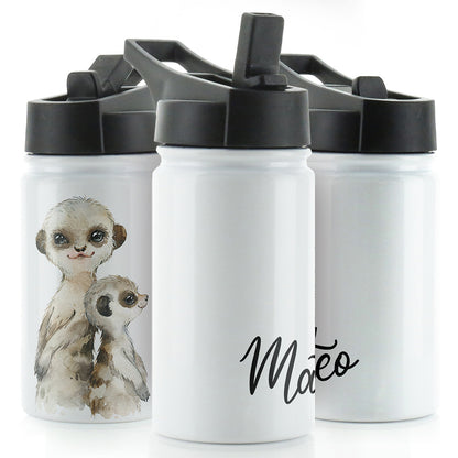 Personalised Meerkat Baby & Adult and Name White Sports Flask
