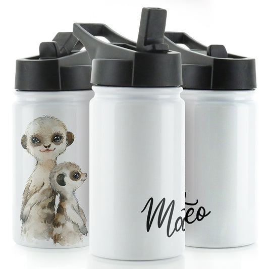 Personalised Meerkat Baby & Adult and Name White Sports Flask