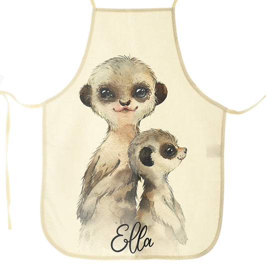 Personalised Canvas Apron with Meerkat Baby and Adult and Name Design