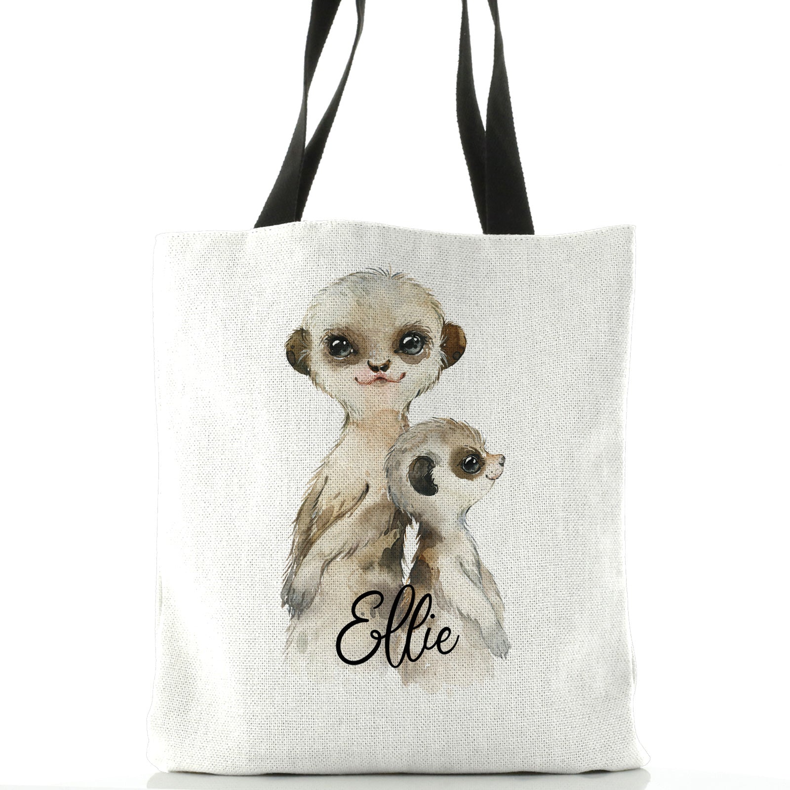 Personalised White Tote Bag with Meerkat Baby and Adult and Cute Text