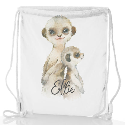 Personalised Glitter Drawstring Backpack with Meerkat Baby and Adult and Cute Text