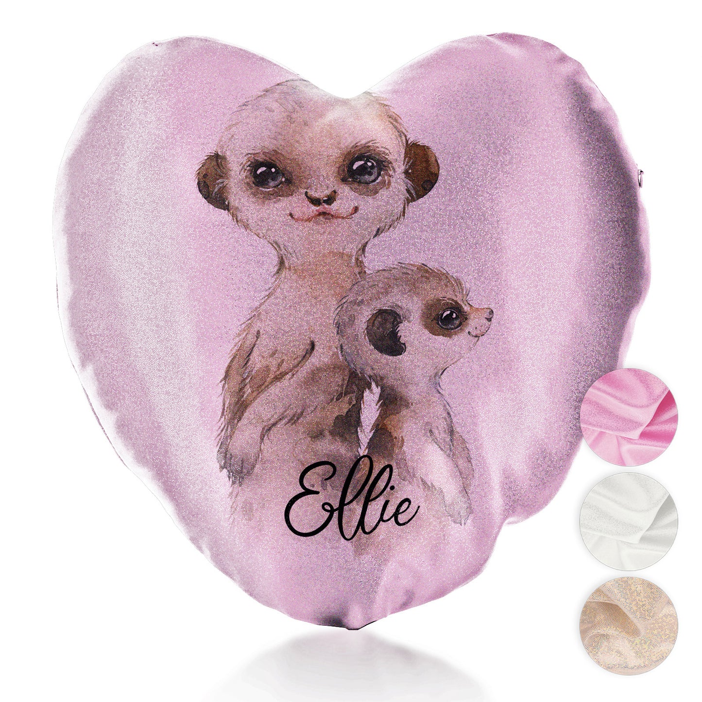 Personalised Glitter Heart Cushion with Meerkat Baby and Adult and Cute Text
