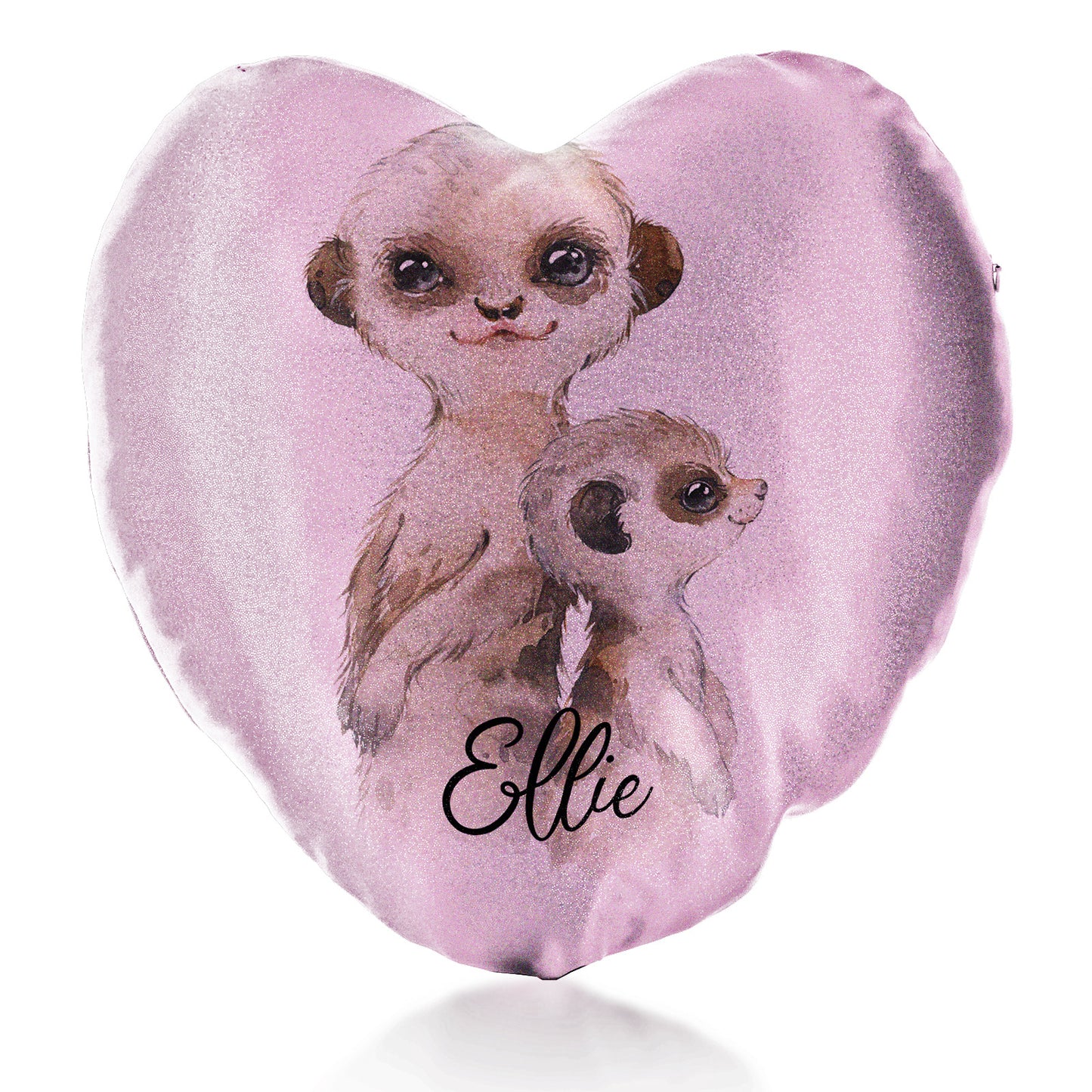 Personalised Glitter Heart Cushion with Meerkat Baby and Adult and Cute Text