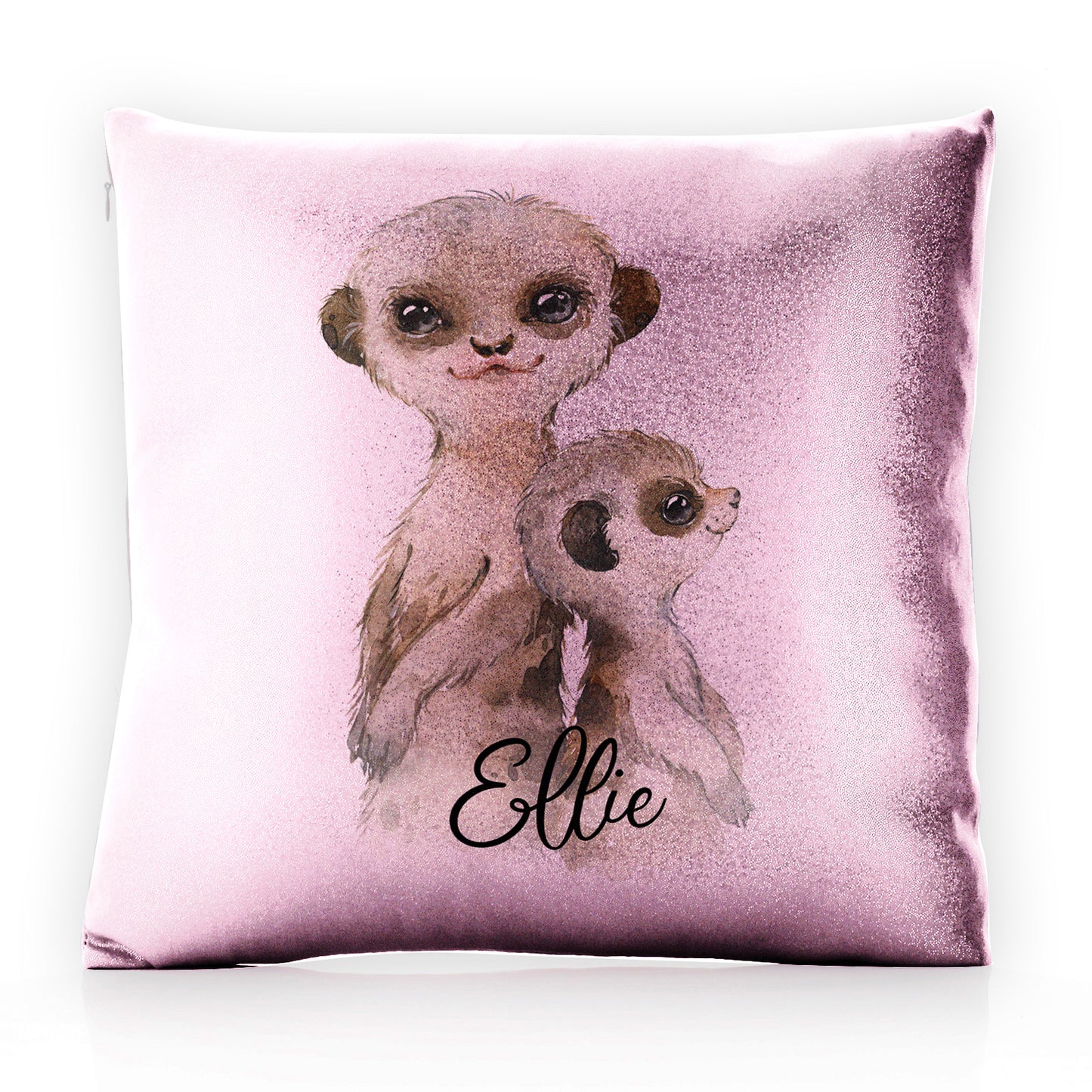 Personalised Glitter Cushion with Meerkat Baby and Adult and Cute Text