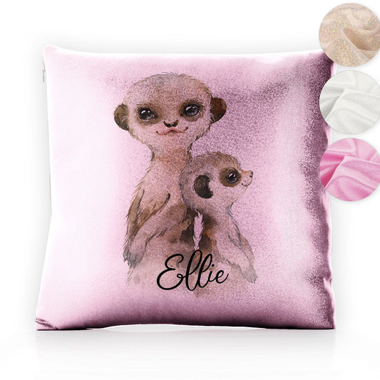 Personalised Glitter Cushion with Meerkat Baby and Adult and Cute Text