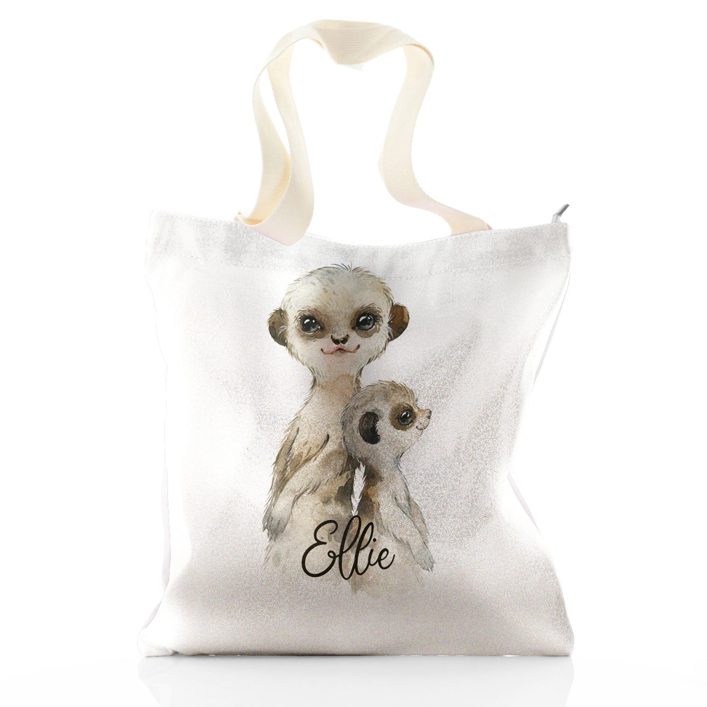 Personalised Glitter Tote Bag with Meerkat Baby and Adult and Cute Text