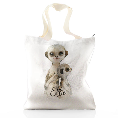 Personalised Glitter Tote Bag with Meerkat Baby and Adult and Cute Text