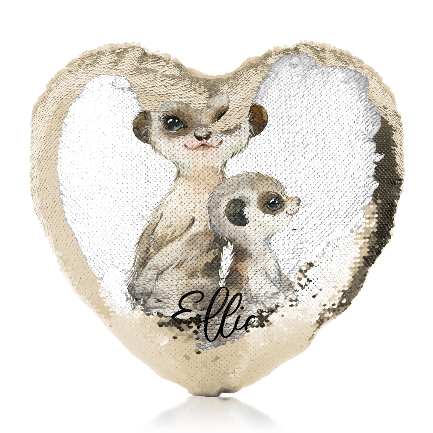 Personalised Sequin Heart Cushion with Meerkat Baby and Adult and Cute Text