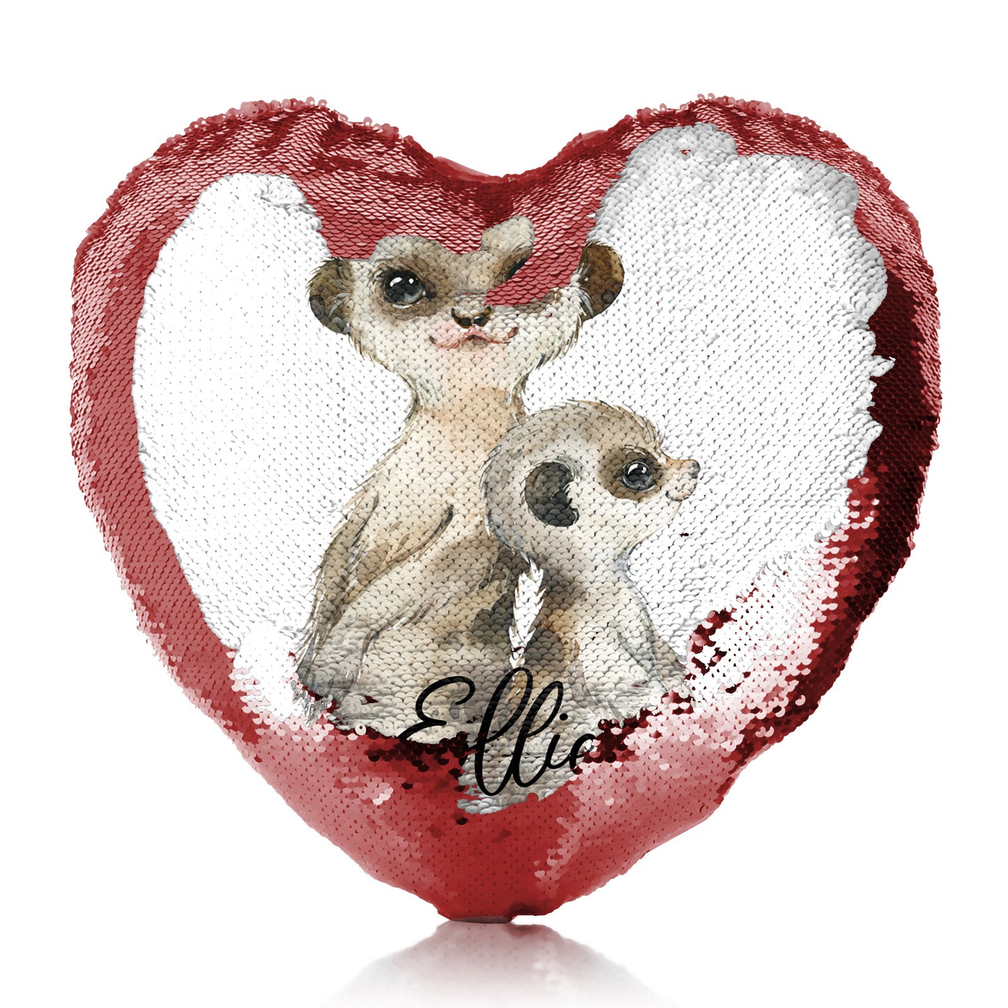 Personalised Sequin Heart Cushion with Meerkat Baby and Adult and Cute Text