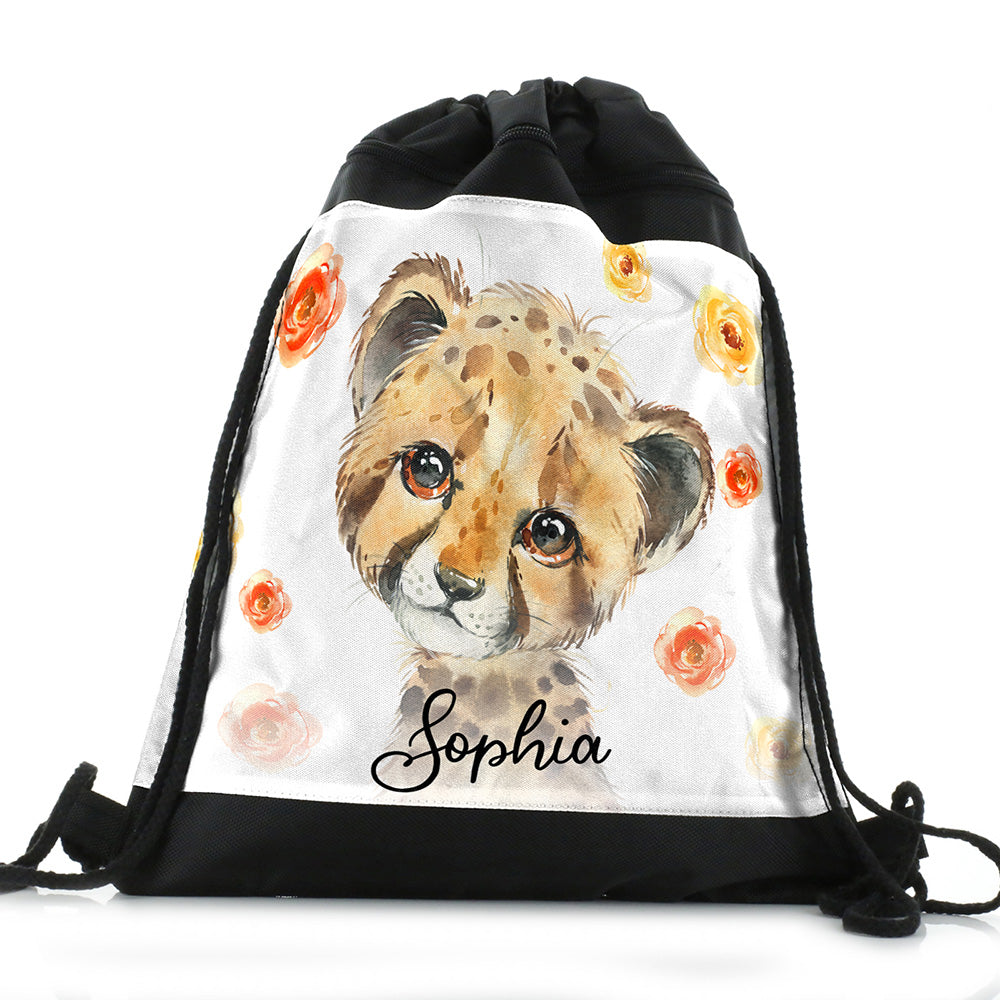Personalised Leopard Red Flowers and Name Black Drawstring Backpack
