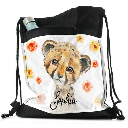 Personalised Leopard Red Flowers and Name Black Drawstring Backpack