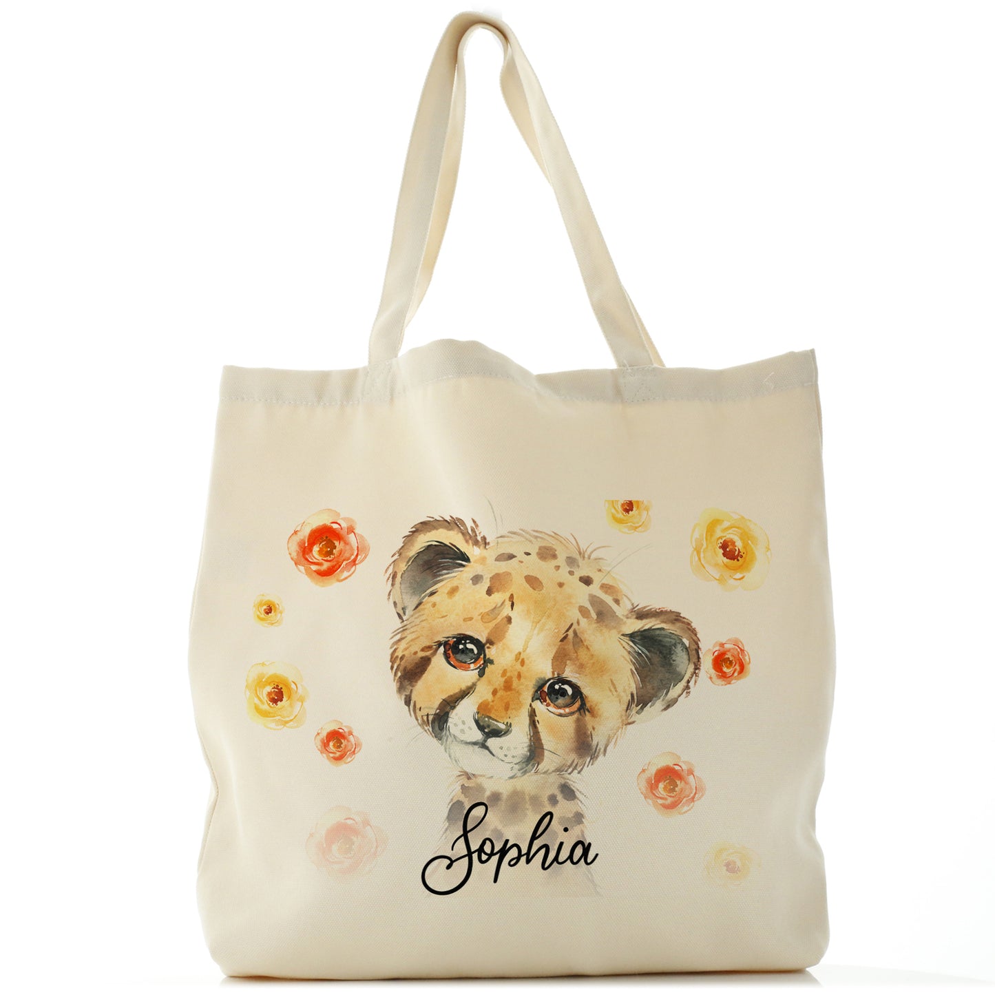 Personalised Canvas Tote Bag with Spotty Leopard Cat Red and Yellow Flowers and Cute Text