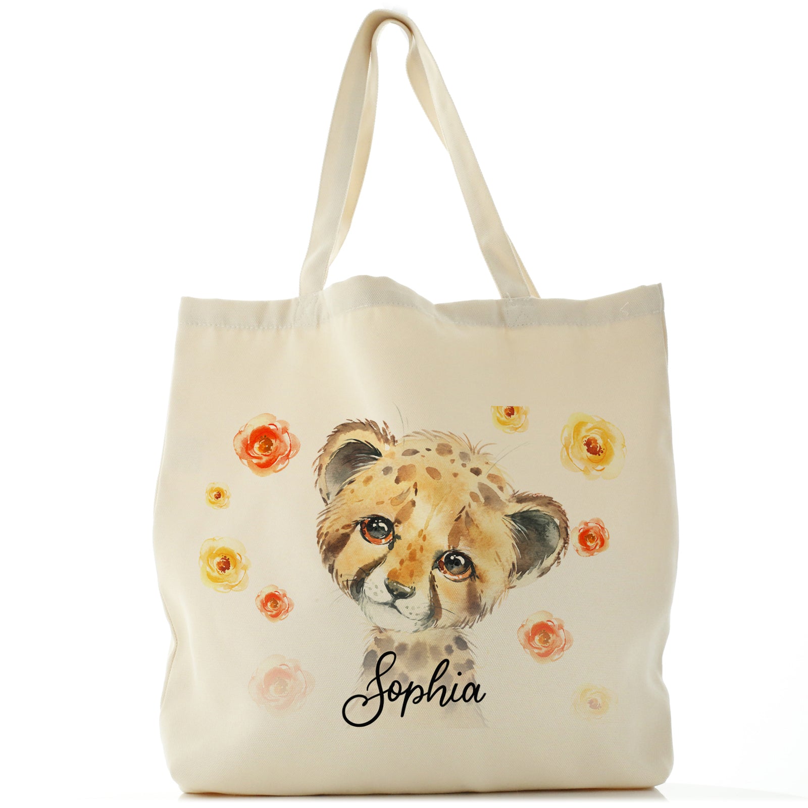 Personalised Canvas Tote Bag with Spotty Leopard Cat Red and Yellow Flowers and Cute Text