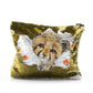 Personalisierte Pailletten-Reißverschlusstasche mit gepunkteten Leopardenkatzen-Rot- und Gelbblumen und süßem Text