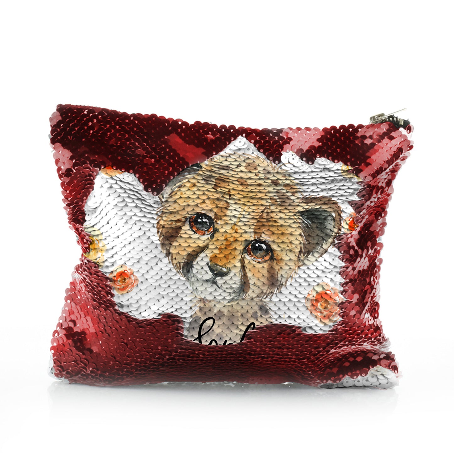 Personalisierte Pailletten-Reißverschlusstasche mit gepunkteten Leopardenkatzen-Rot- und Gelbblumen und süßem Text