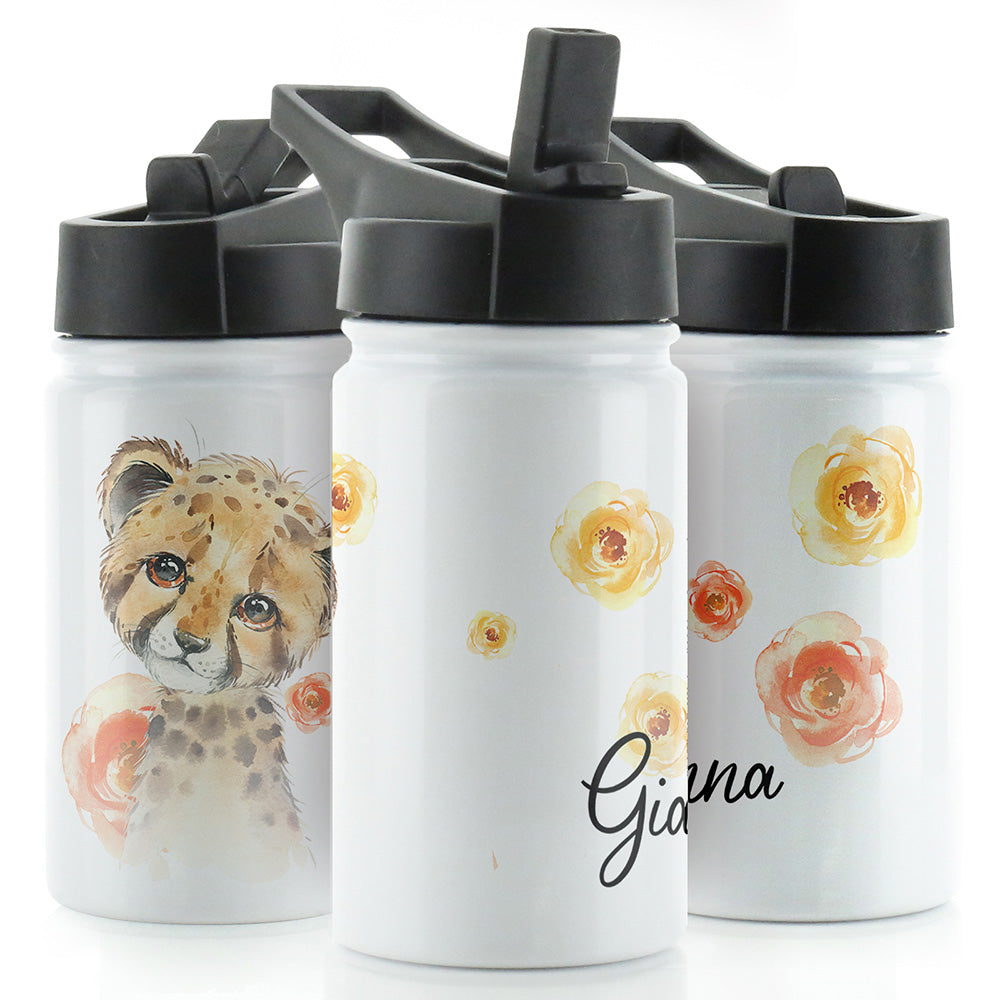 Personalised Leopard Red Flowers and Name White Sports Flask