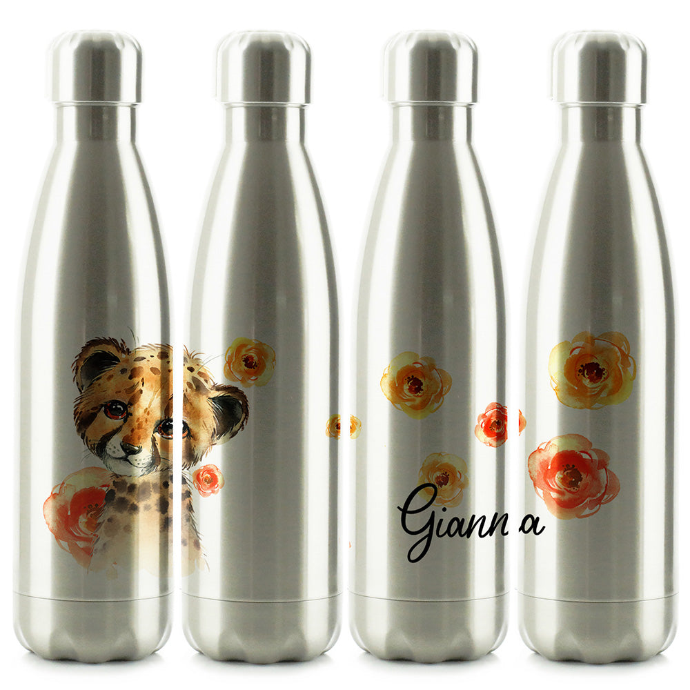Personalised Leopard Red Flowers and Name Cola Bottle