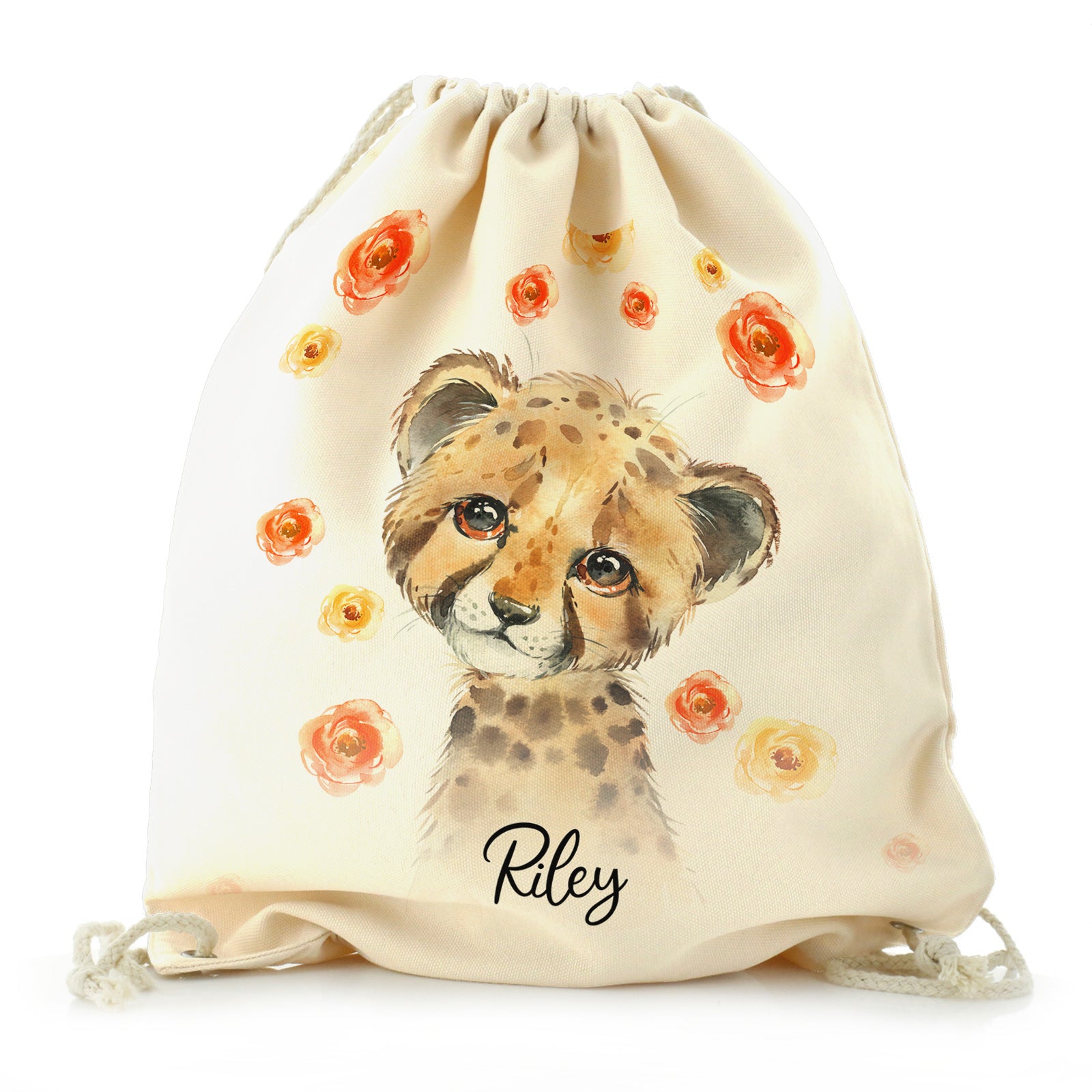 Personalised Canvas Drawstring Backpack with Spotty Leopard Cat Red and Yellow Flowers and Cute Text