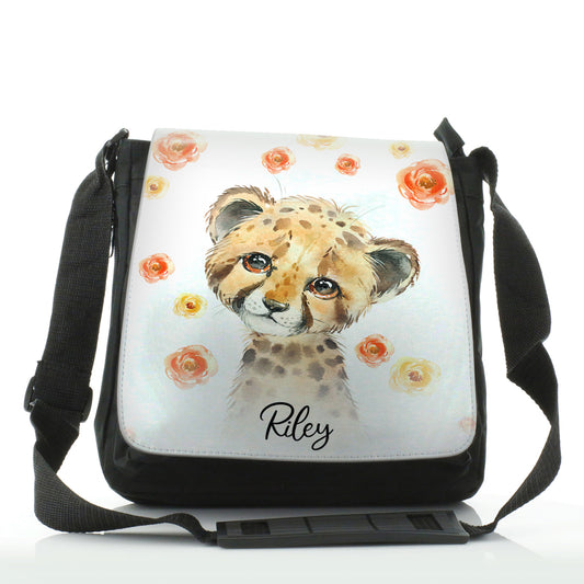 Personalised Shoulder Bag with Spotty Leopard Cat Red and Yellow Flowers and Cute Text