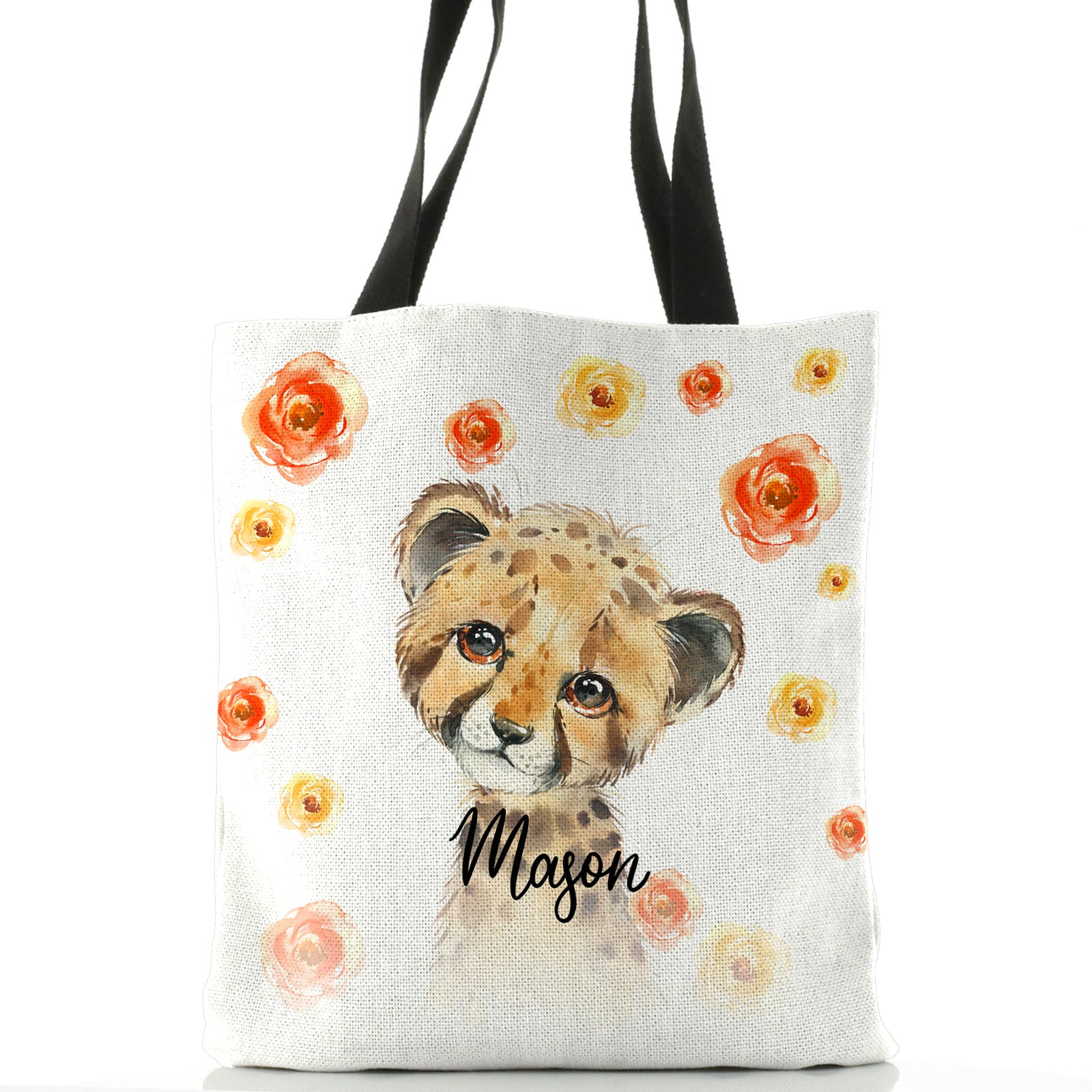 Personalised White Tote Bag with Spotty Leopard Cat Red and Yellow Flowers and Cute Text