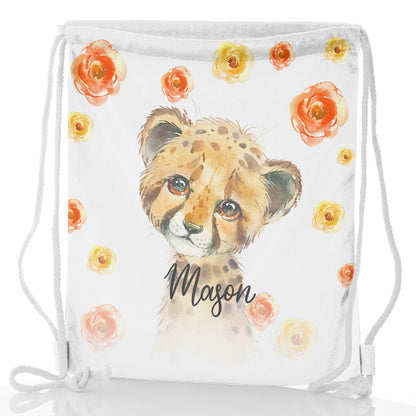 Personalisierter Glitzer-Rucksack mit Kordelzug, gefleckte Leopardenkatze, rote und gelbe Blumen und süßer Text