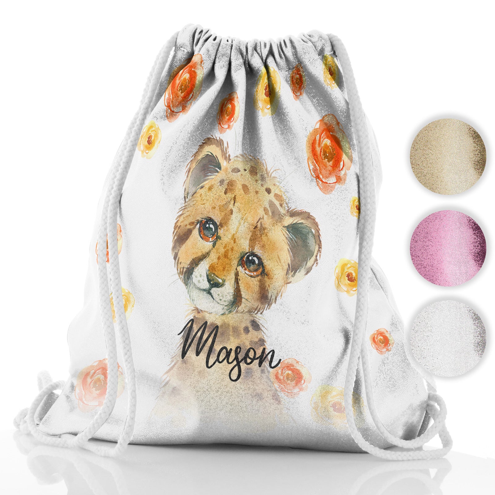 Personalised Glitter Drawstring Backpack with Spotty Leopard Cat Red and Yellow Flowers and Cute Text