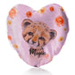 Personalised Glitter Heart Cushion with Spotty Leopard Cat Red and Yellow Flowers and Cute Text