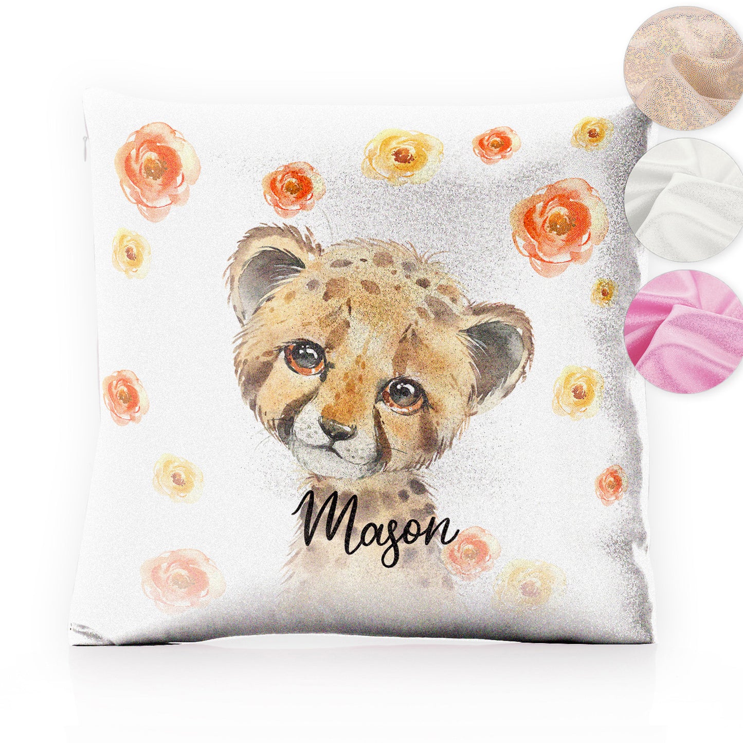 Personalised Glitter Cushion with Spotty Leopard Cat Red and Yellow Flowers and Cute Text