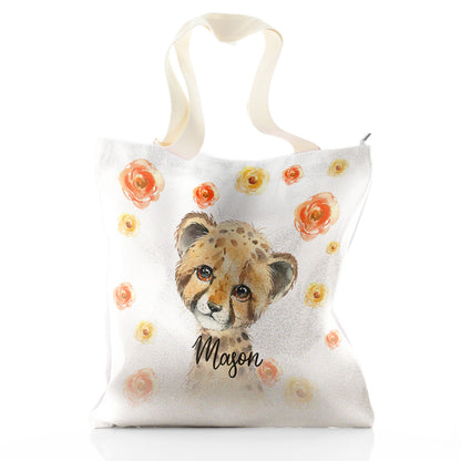 Personalised Glitter Tote Bag with Spotty Leopard Cat Red and Yellow Flowers and Cute Text
