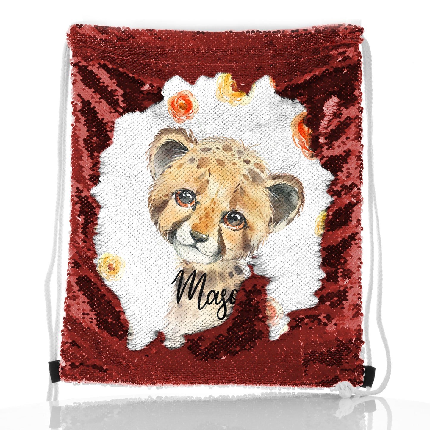 Personalised Sequin Drawstring Backpack with Spotty Leopard Cat Red and Yellow Flowers and Cute Text