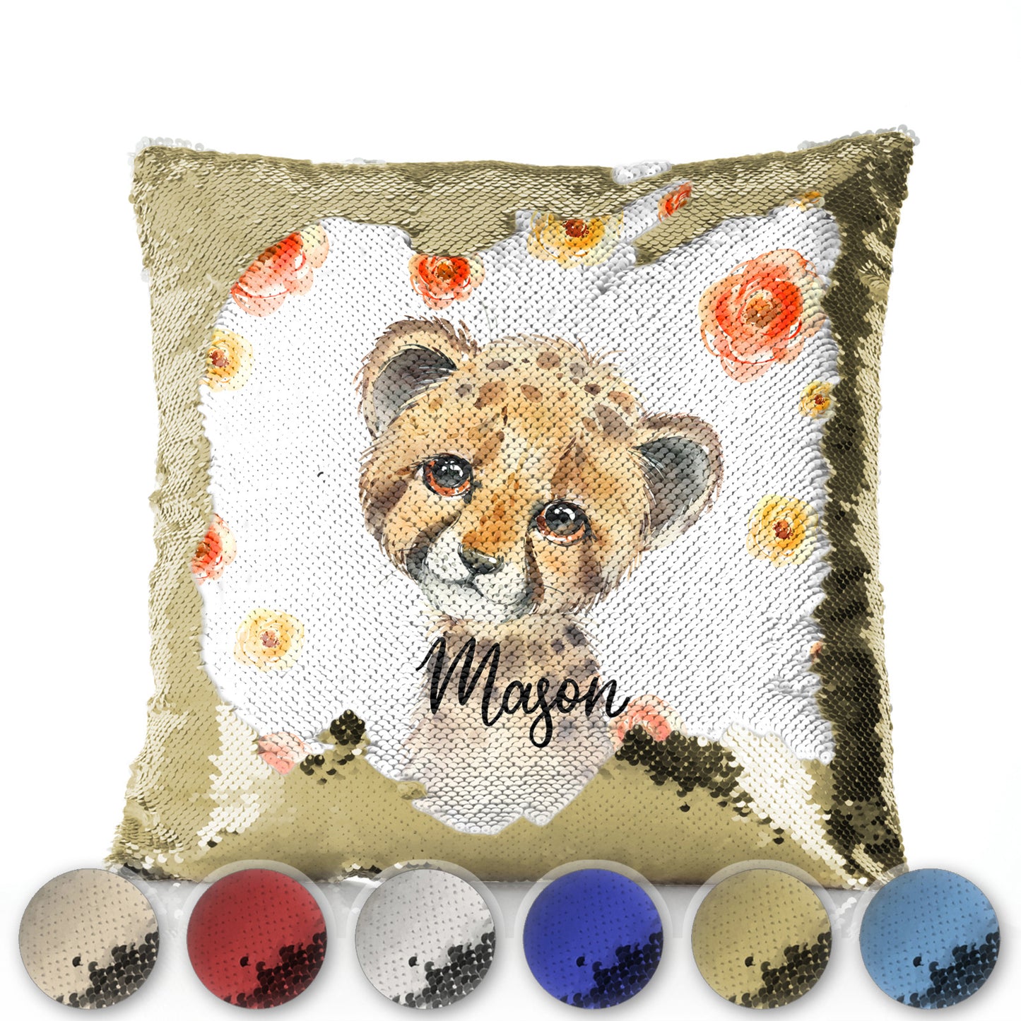 Personalised Sequin Cushion with Spotty Leopard Cat Red and Yellow Flowers and Cute Text