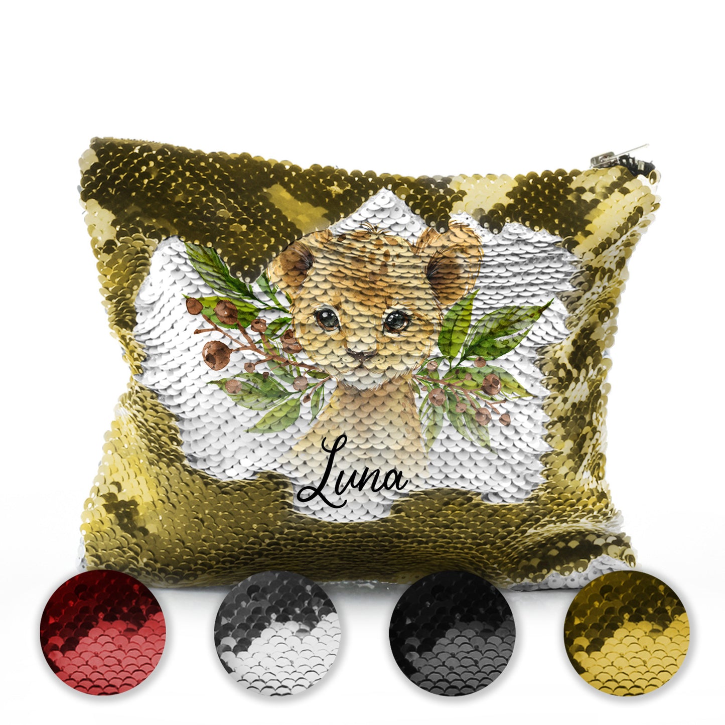 Personalised Sequin Zip Bag with Lion Cub Olive Branch and Cute Text