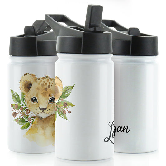 Personalisierte Löwenjunges-Oliven und Name, weiße Sportflasche