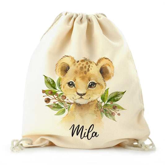 Personalised Canvas Drawstring Backpack with Lion Cub Olive Branch and Cute Text