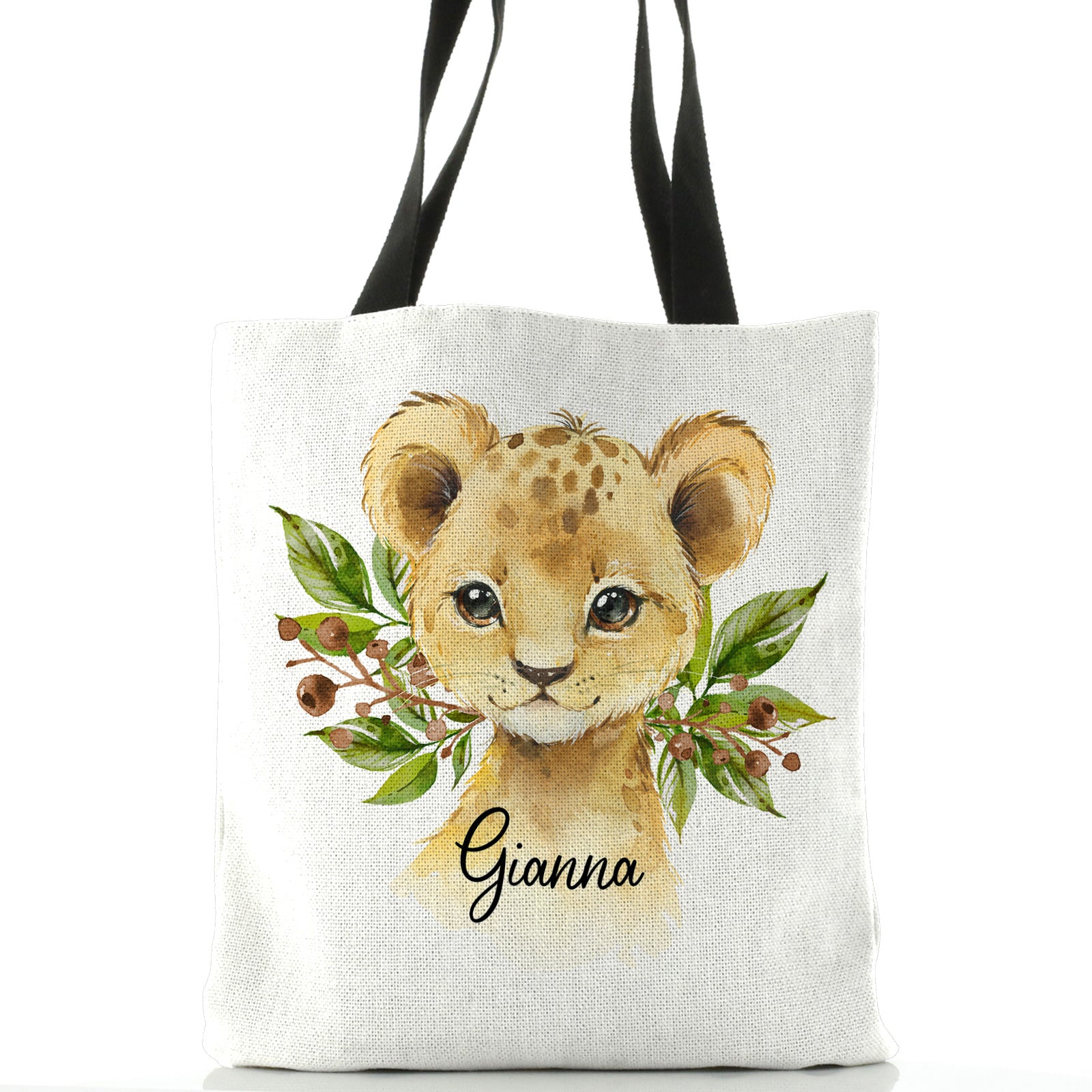 Personalised White Tote Bag with Lion Cub Olive Branch and Cute Text
