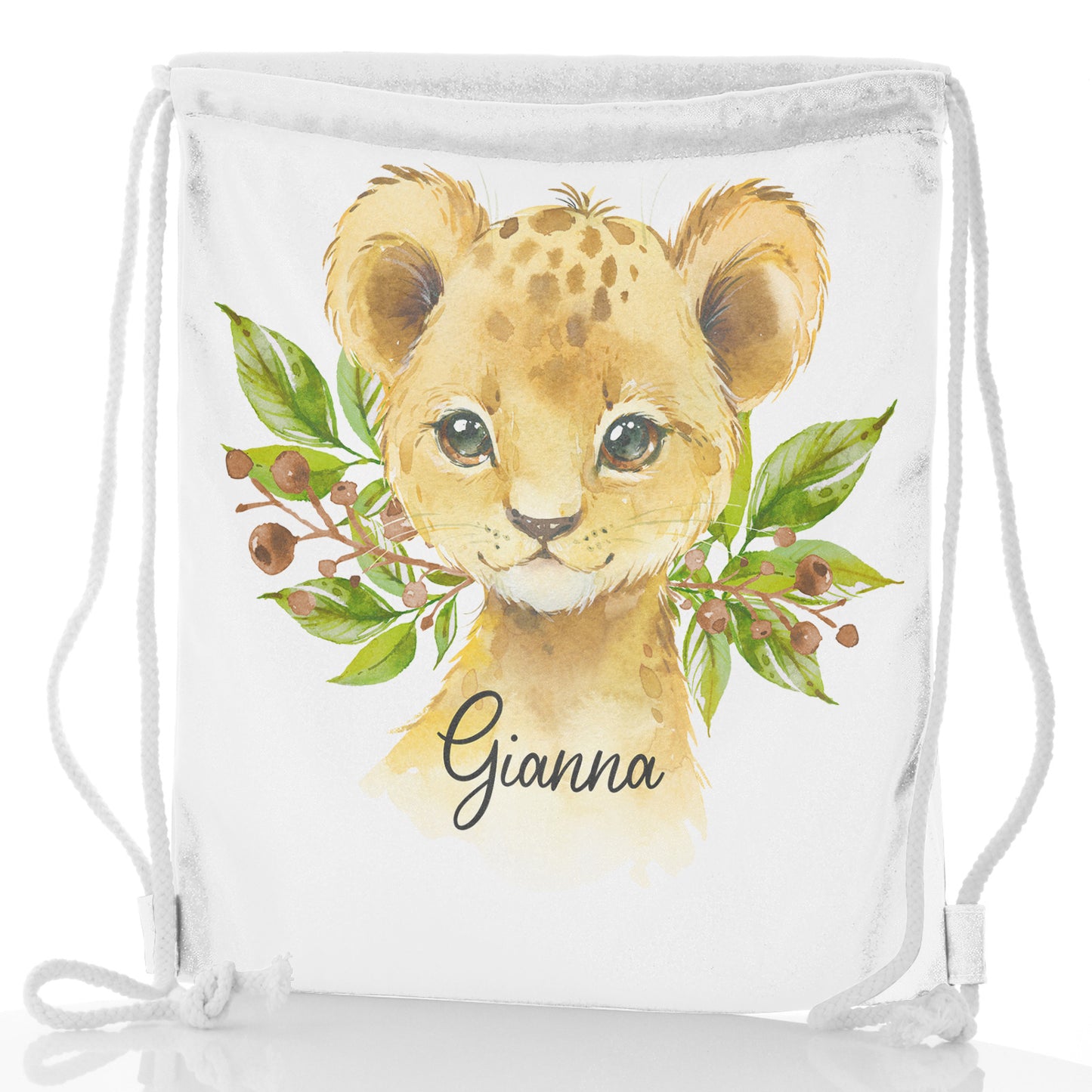 Personalised Glitter Drawstring Backpack with Lion Cub Olive Branch and Cute Text