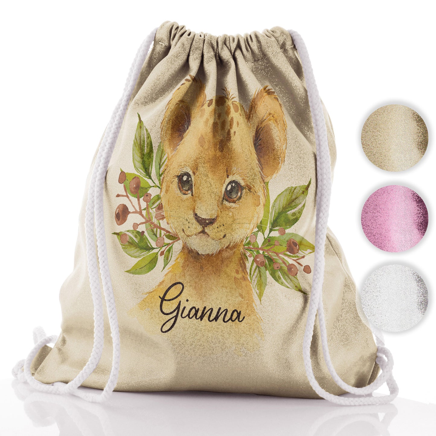 Personalised Glitter Drawstring Backpack with Lion Cub Olive Branch and Cute Text