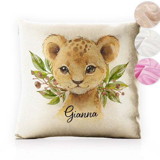 Personalised Glitter Cushion with Lion Cub Olive Branch and Cute Text