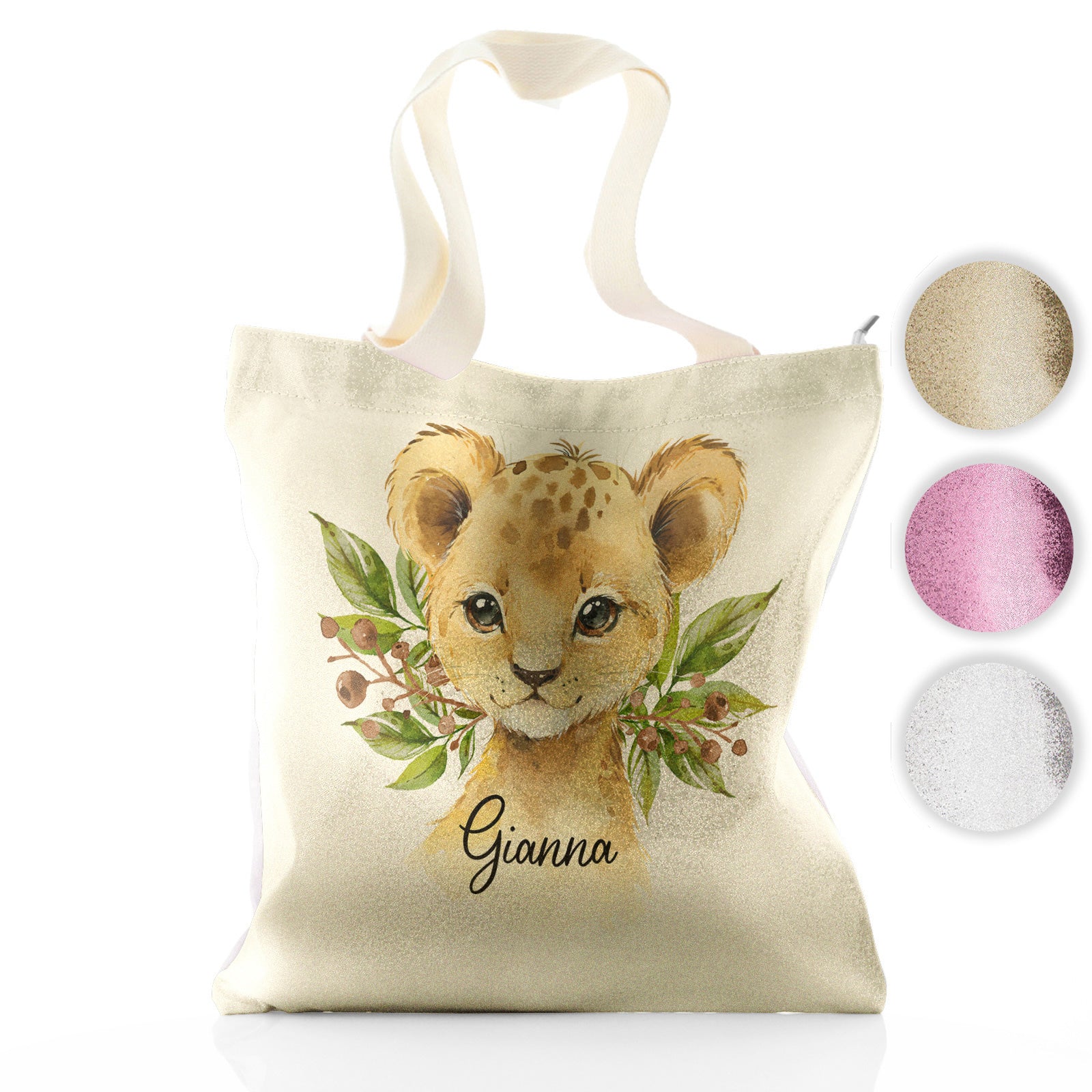 Personalised Glitter Tote Bag with Lion Cub Olive Branch and Cute Text