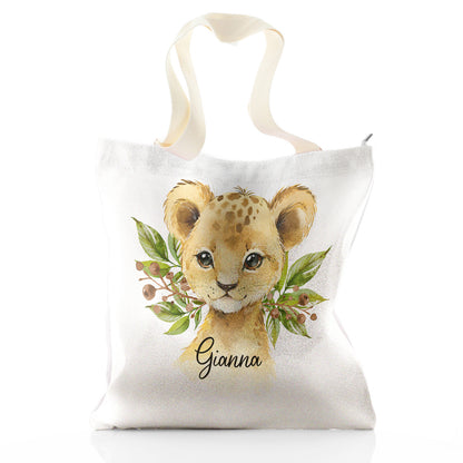 Personalised Glitter Tote Bag with Lion Cub Olive Branch and Cute Text