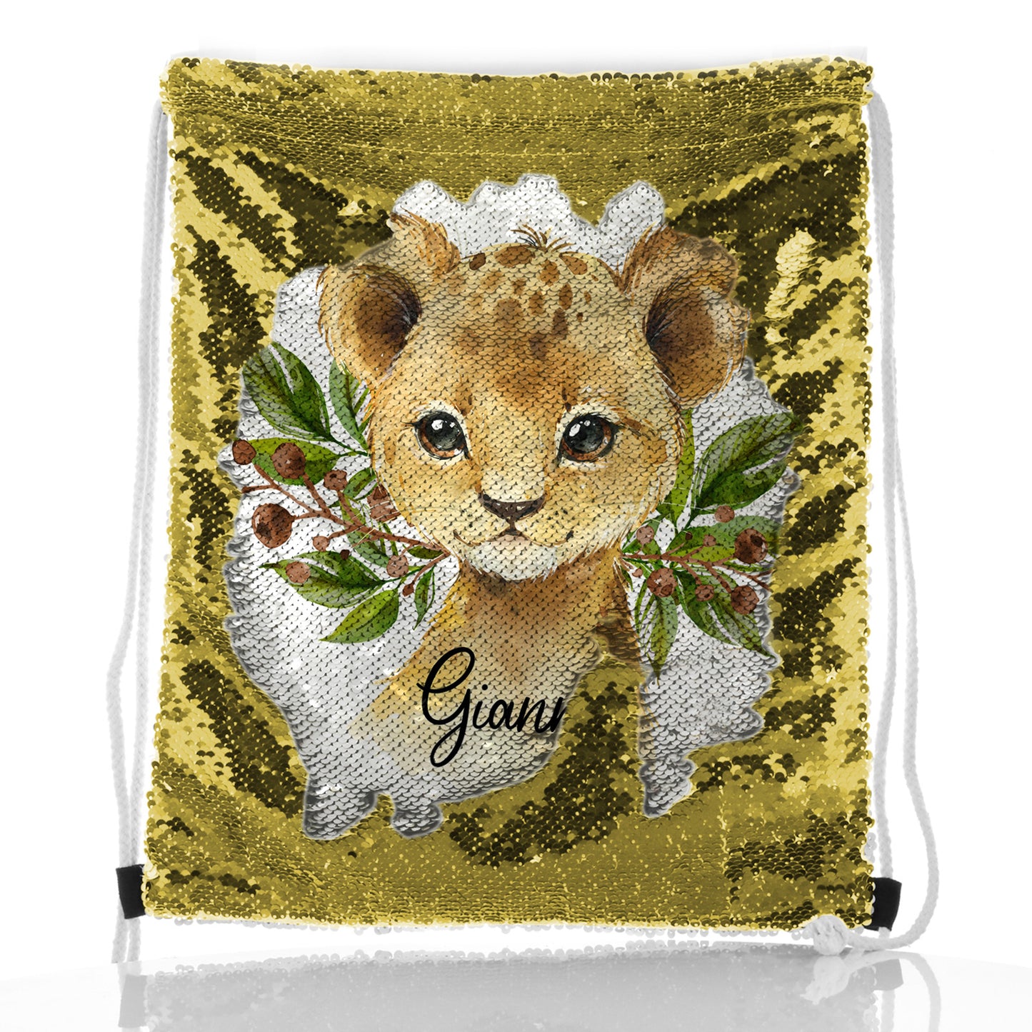 Personalised Sequin Drawstring Backpack with Lion Cub Olive Branch and Cute Text