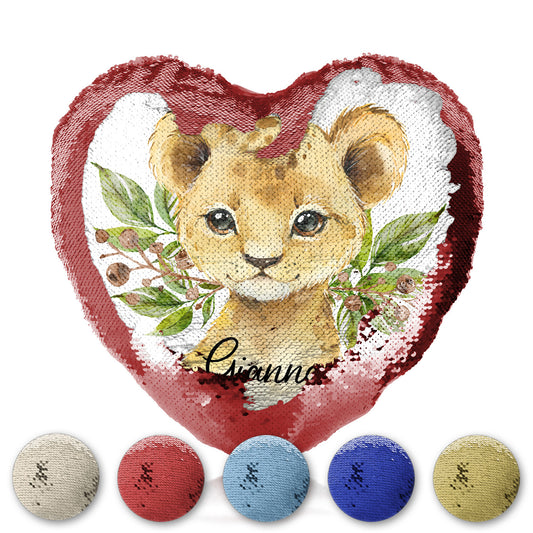 Personalised Sequin Heart Cushion with Lion Cub Olive Branch and Cute Text