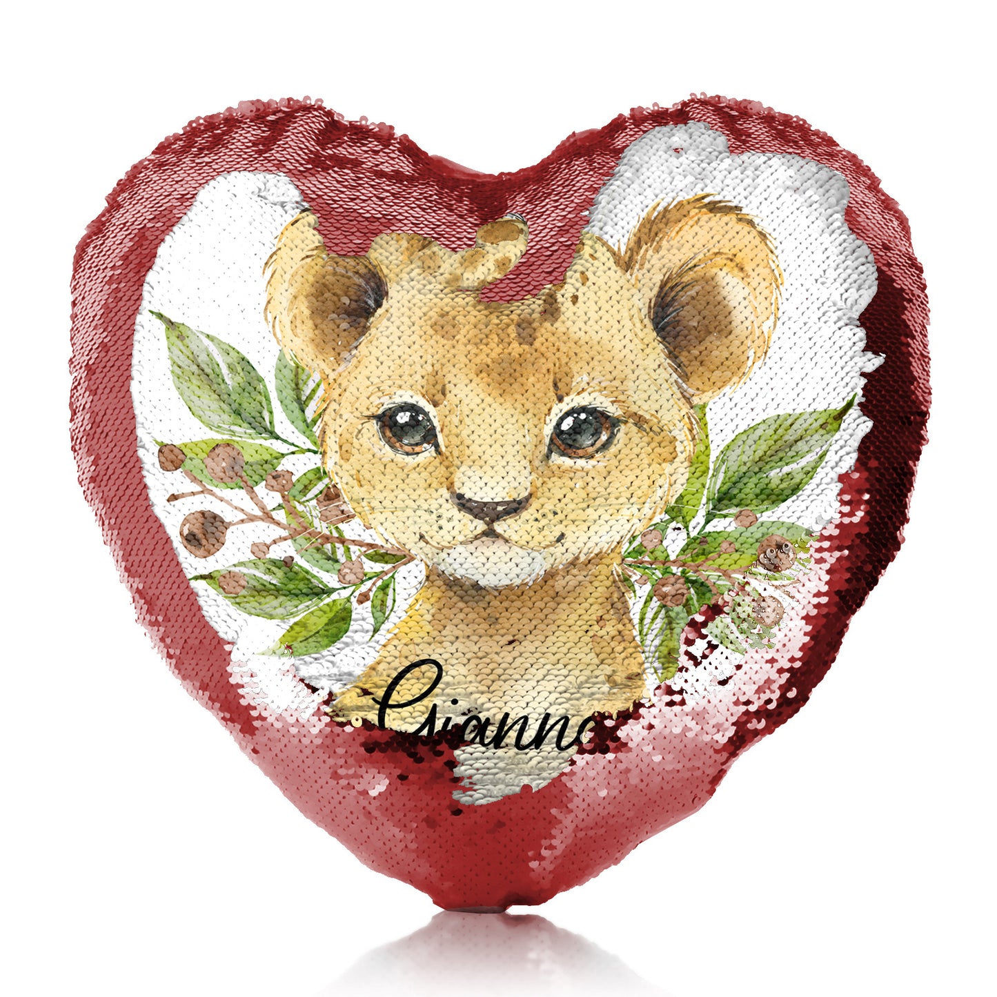 Personalised Sequin Heart Cushion with Lion Cub Olive Branch and Cute Text