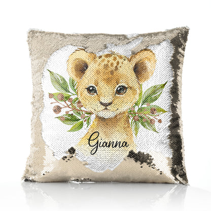 Personalised Sequin Cushion with Lion Cub Olive Branch and Cute Text