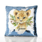 Personalised Sequin Cushion with Lion Cub Olive Branch and Cute Text