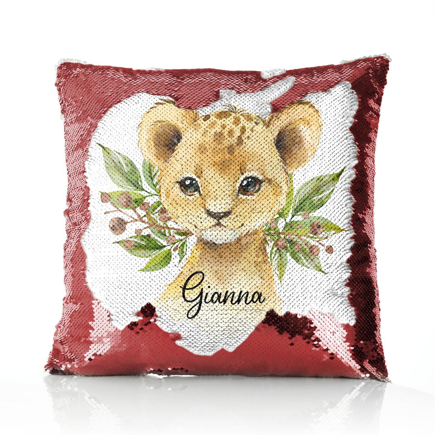 Personalised Sequin Cushion with Lion Cub Olive Branch and Cute Text