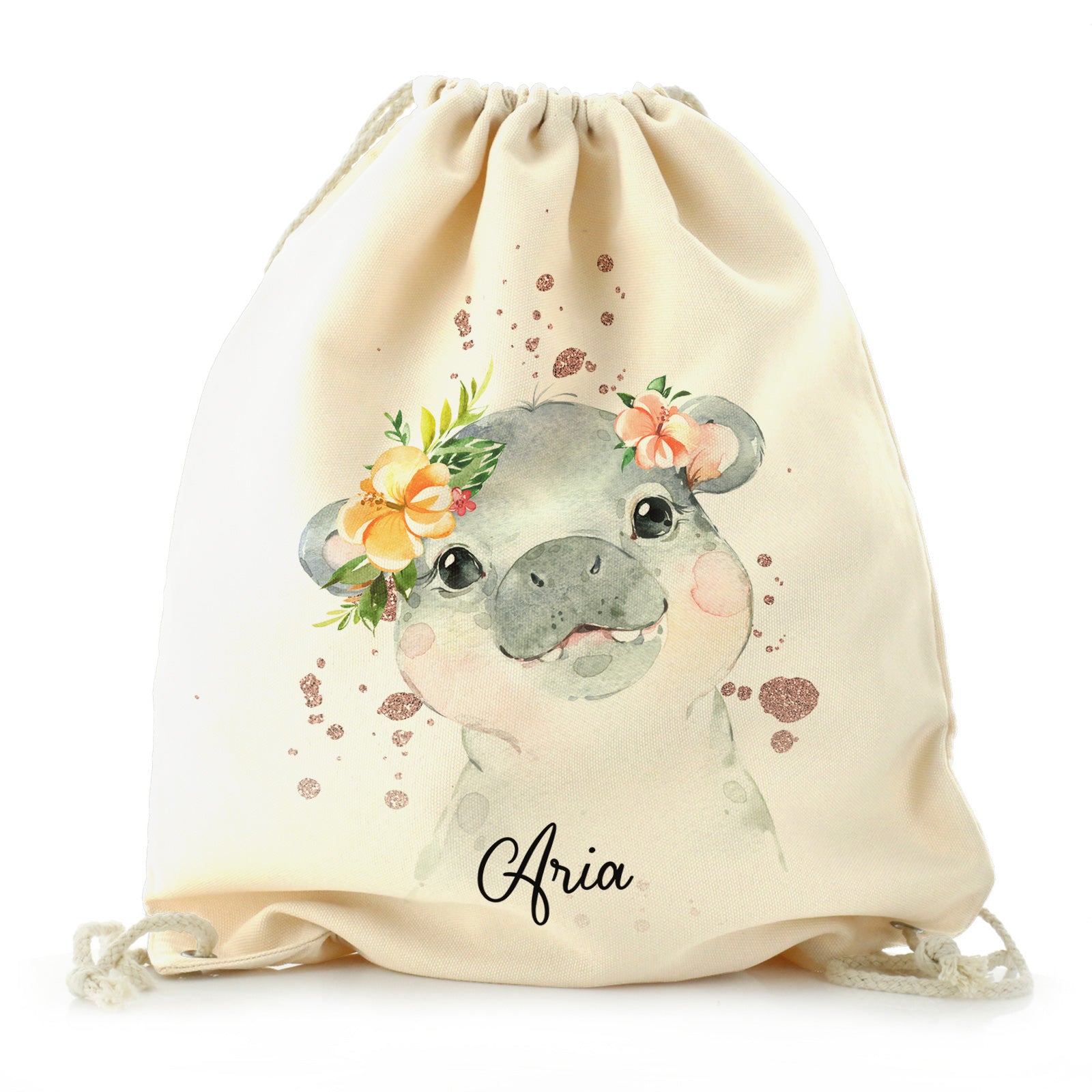 Personalised Canvas Drawstring Backpack with Hippo Rain Drop Glitter Print and Cute Text