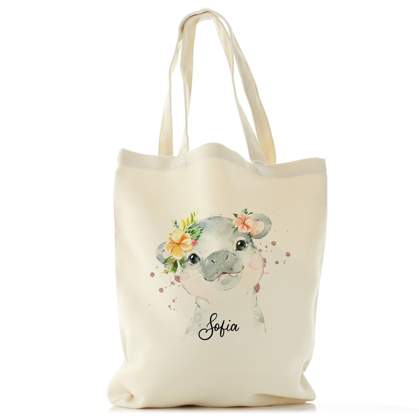 Personalised Canvas Tote Bag with Hippo Rain Drop Glitter Print and Cute Text